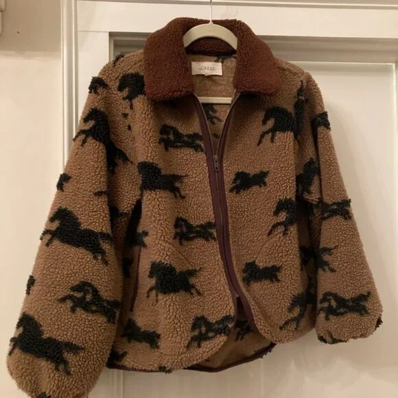 The Great. Pasture Fleece Jacket w horse print and brown collar, S (1), EUC - Picture 7 of 10